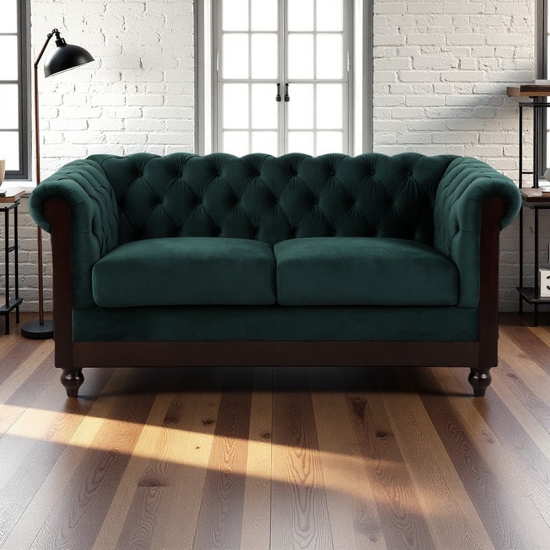 59.44" Velvet Chesterfield Loveseat Sofa with Rolled Arms, Tufted Backrest and 600LB Capacity - Dark Green