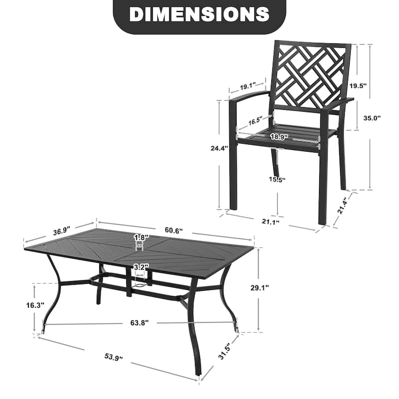7PCS Metal Rectangle Patio Dining Set with Umbrella Hole, Stackable Design