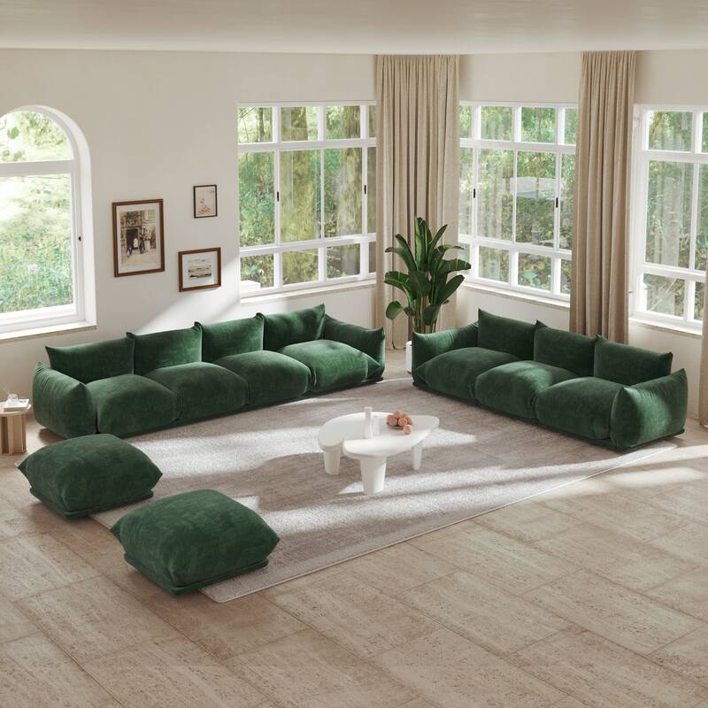 Modern Chenille Fabric Upholstery Modular Sectional Sofa for Living Room Set with 2 Ottoman - Green