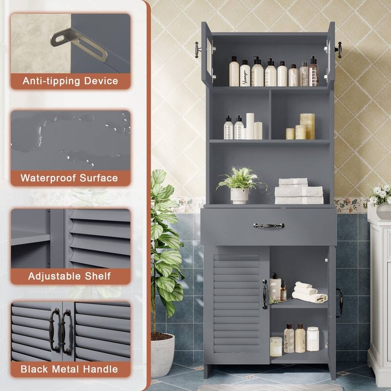 Water-Resistant MDF Bathroom Vanity with Louvered Doors, Tempered Glass Top Cabinet, and Decorative Hardware
