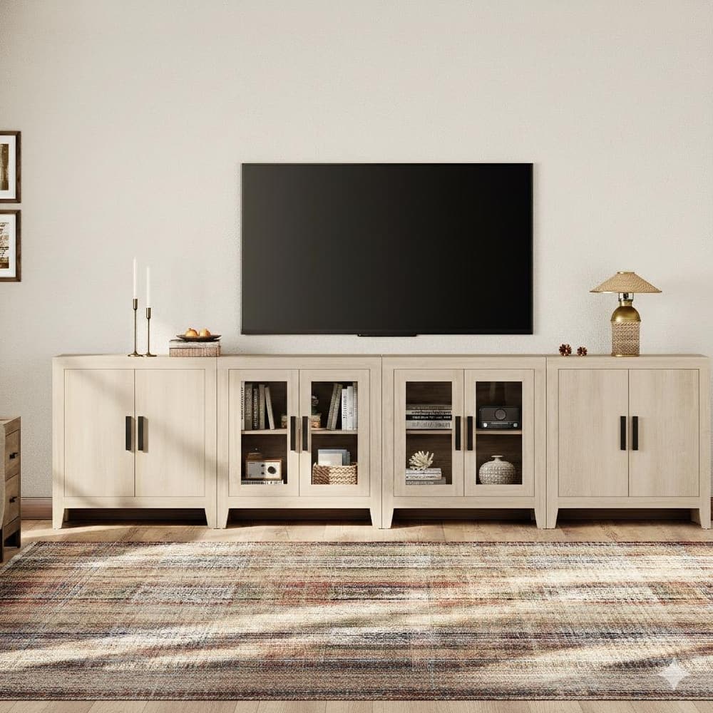 WAMPAT Large Farmhouse TV Stand with Glass Door & Cabinet Storage, Rustic Media Console for up to 110-inch TVs