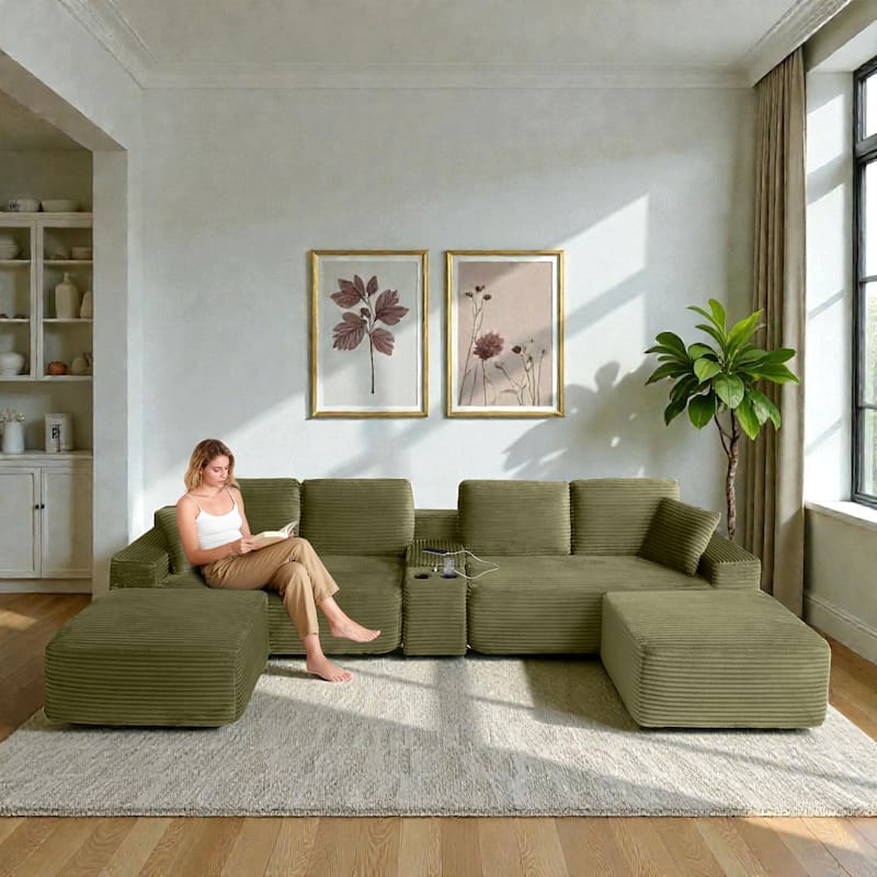 125" L Shaped Sectional Sofa with 2 Ottomans, Cloud Corduroy Couch with Deep Seat, Cup Holders and USB Ports - Green
