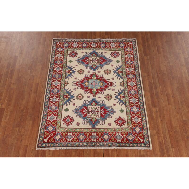 Ivory Kazak Oriental Area Rug Hand-Knotted Geometric Wool Carpet - 5'1" x 6'7"