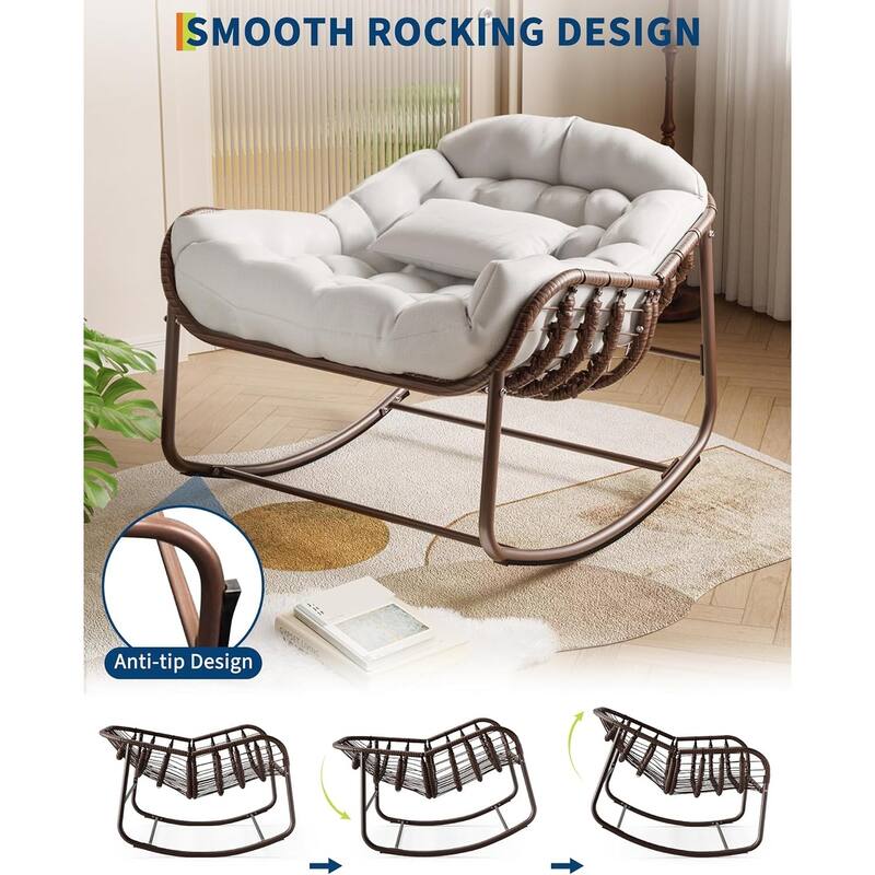 Patio Rocking Chair, Oversized Wicker Lounge Chair with Cushion,Patio Rattan Egg Rocker for Backyard