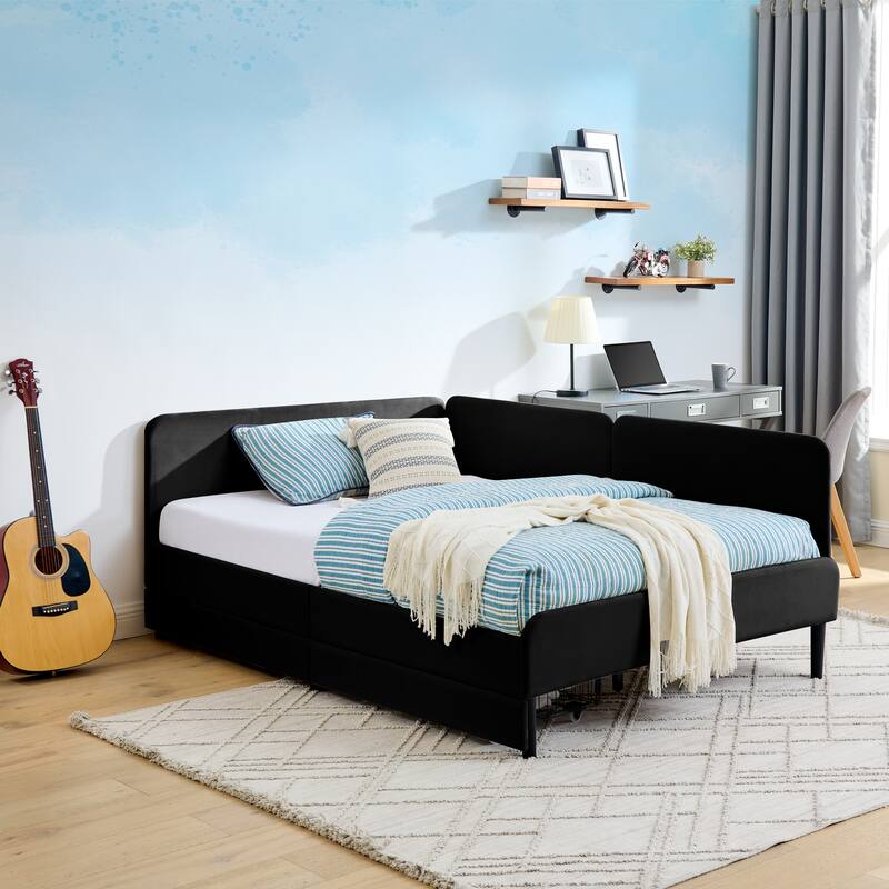 Roomfitters Twin/Full Upholstered Platform Bed with Side Backrest and Underbed Storage Trundle
