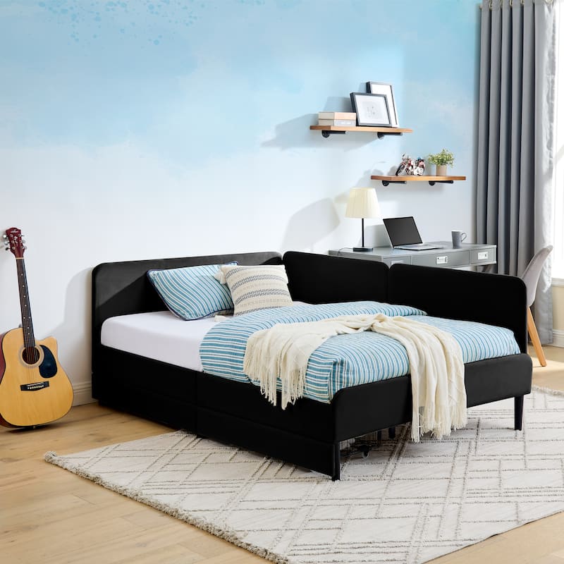 Velvet Upholstered Bed Adjustable Daybed Full Size Sleeper Sofa Bed Frame with Storage Drawers for Living Room, Guest Room