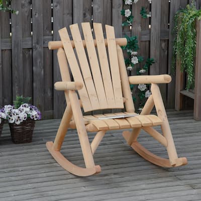 Outsunny Outdoor Rustic Adirondack Rocking Chair, Fir Wood Log Slatted Design Patio Rocker for Porch Garden Lounging