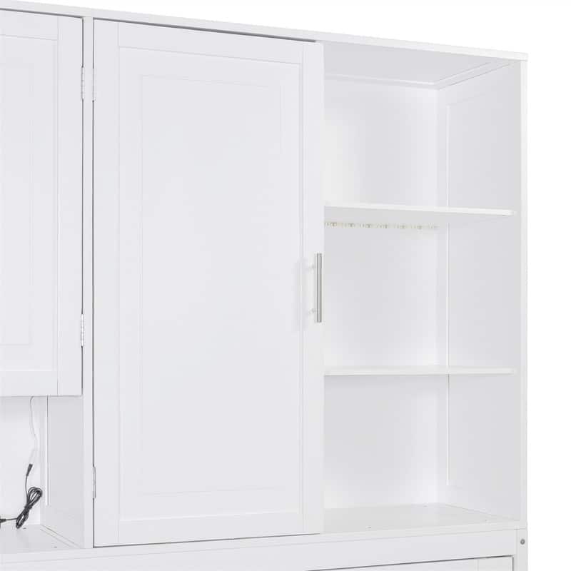 Twin Size Murphy Bed Wall Bed with Top Cabinet and LED Light, Space Saving Foldable Murphy Cabinet Bed w/ Storage Shelves & USB