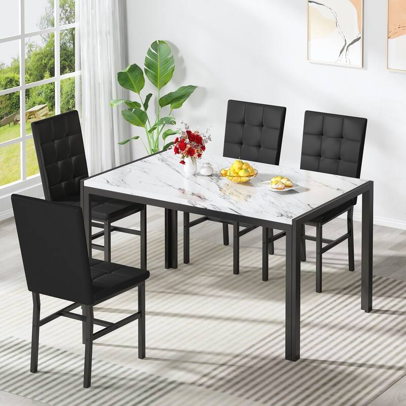 Grondin Faux Marble Kitchen Table And Chairs Set for 4, Modern Dining Room Table With 4 Armless Upholstered Dining Chairs - Black Faux Leather