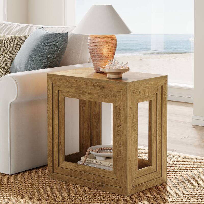 2-Tier Wooden End Table with Shelf Storage, Living Room Bedroom Side Table Accent Nightstand