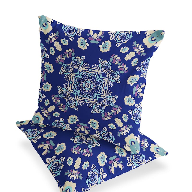 HomeRoots Set of Two 16" X 16" Blue and White Blown Seam Floral Indoor Outdoor Throw Pillow - 16.00' X '16.00' X '5.00