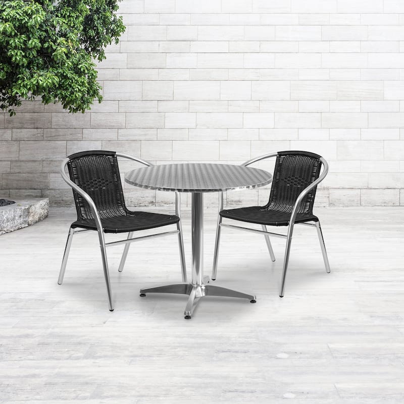 31.5'' Round Aluminum Indoor-Outdoor Table Set with 2 Rattan Chairs - 31.5" - Silver/Black