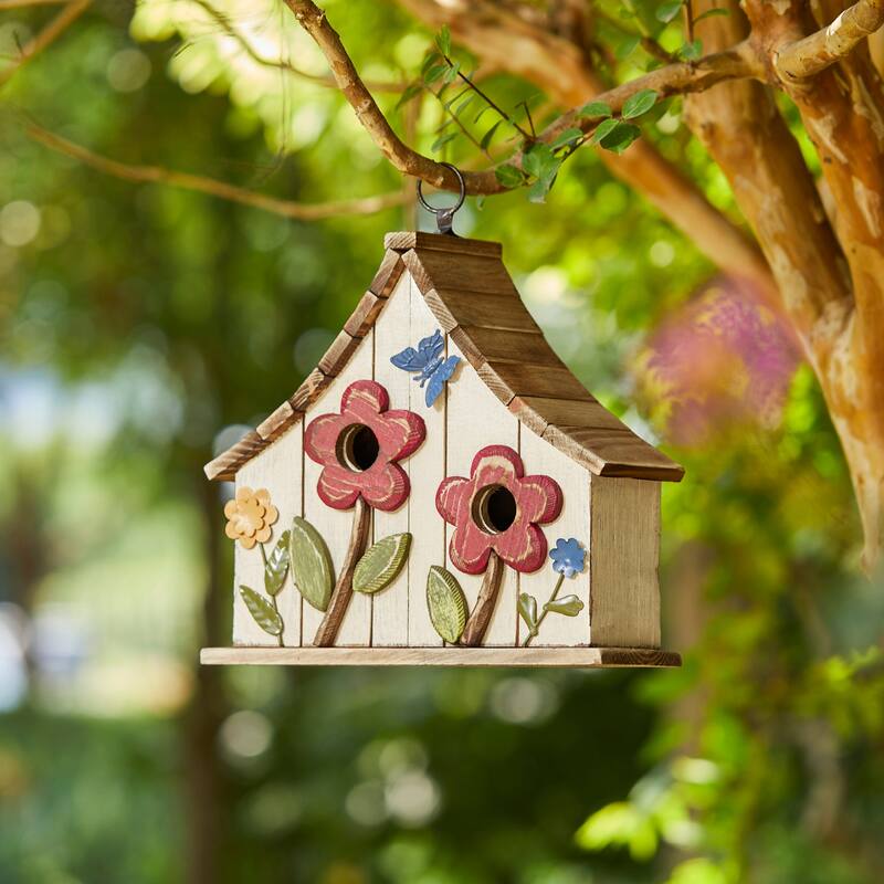 Glitzhome 10.5"H Distressed Solid Wood Birdhouse with 3D Flowers - 10.5"