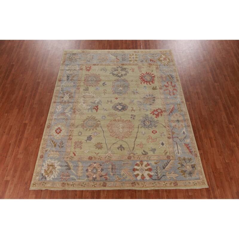 Hand Knotted Oriental 100% Wool Carpet Transitional All-Over Green Oushak Area Rug - 10' 3'' X 8' 7''