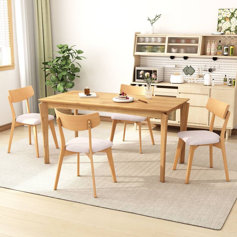 Mid-Century Walnut Finished Frame Upholstered Dining Chairs, Set of 4, Light beige+Natural