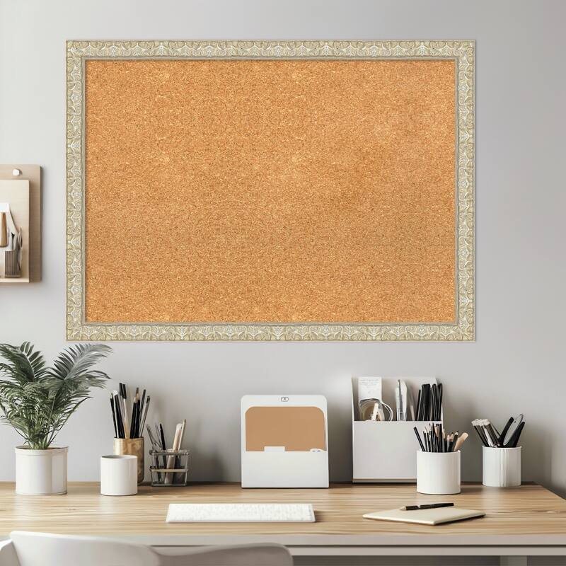 Lila Silver Wood Framed Cork Board - Bulletin Board, Organization Board, Pin Board