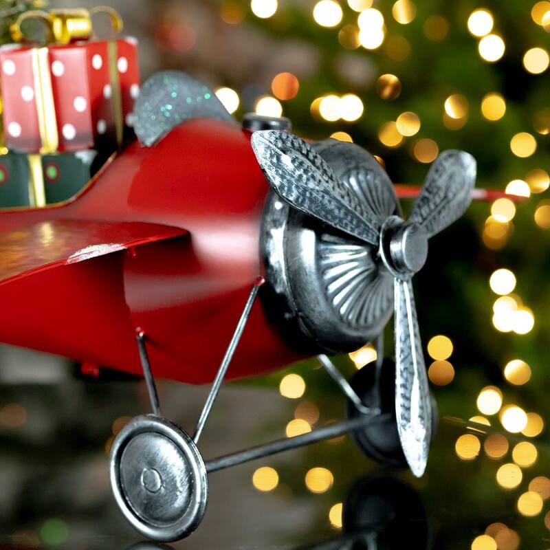 Small Red Airplane with Lighted Christmas Tree and Gifts - 29.5" L x 22" W x 12" H