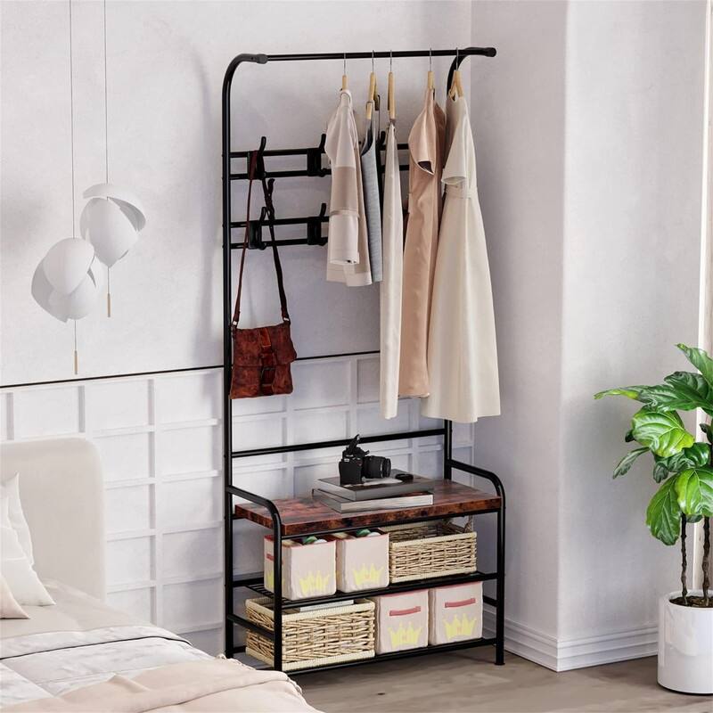 Entryway Bench with Coat Rack - 11.8"D x 23.6"W x 70.9"H