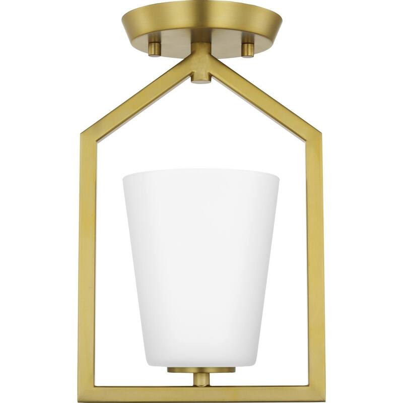 Vertex Collection One-Light Brushed Gold Etched White Contemporary Semi-Flush Mount - 7.37 in x 5 in x 11.62 in - 7.37 in x 5 in x 11.62 in