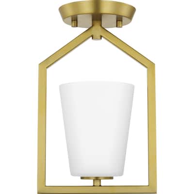 Vertex Collection One-Light Brushed Gold Etched White Contemporary Semi-Flush Mount - 7.37 in x 5 in x 11.62 in