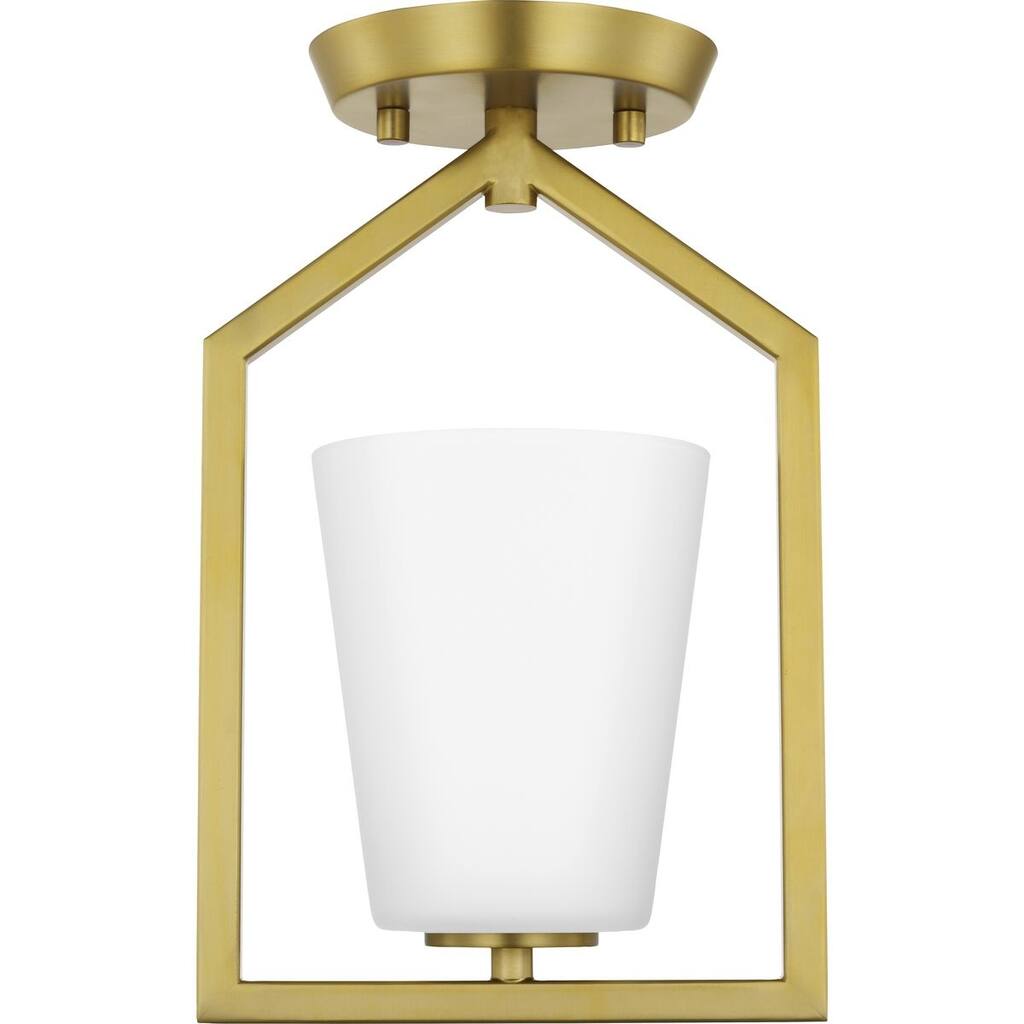 Vertex Collection One-Light Brushed Gold Etched White Contemporary Semi-Flush Mount - 7.37 in x 5 in x 11.62 in