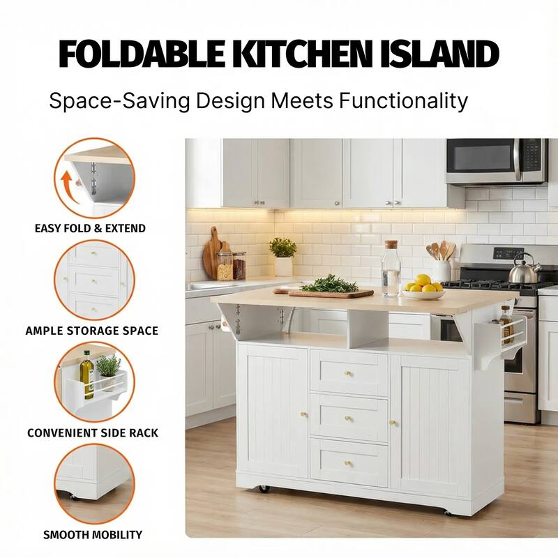 Rossetta Classic Versatile Design Folding Rolling Kitchen Island with Extendable Countertop and Power Outlet
