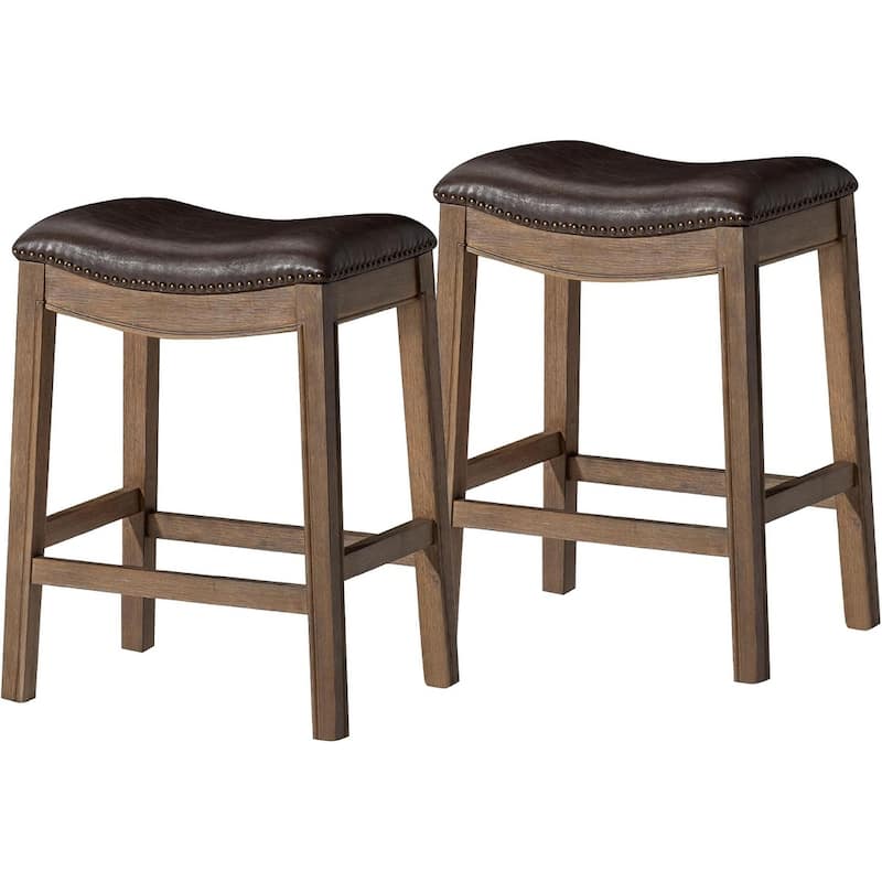 Maven Lane 26" Adrien Saddle Kitchen Counter Height Stool - Walnut Vegan Leather - Set of 2