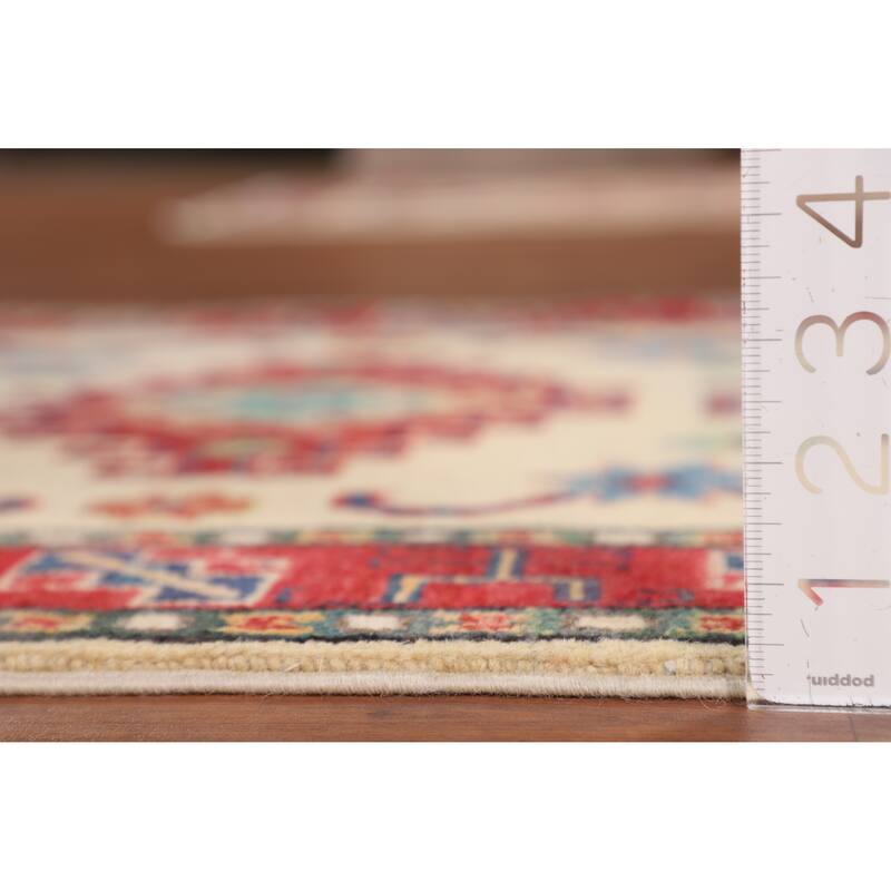Ivory Geometric Kazak Foyer Rug Hand-Knotted Wool Carpet - 2'9" x 4'2"