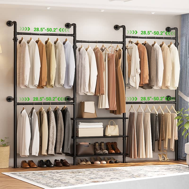 Industrial Pipe Garment Rack with Expandable Hanging Rods and Shelves,Reversible Walk-in Closet Organizer System Clothing Rack - Black
