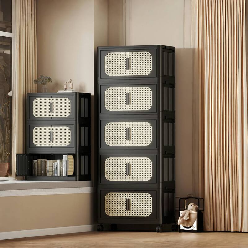 5-Tier Retro Black 20" Side Wide Folding Storage Cabinet