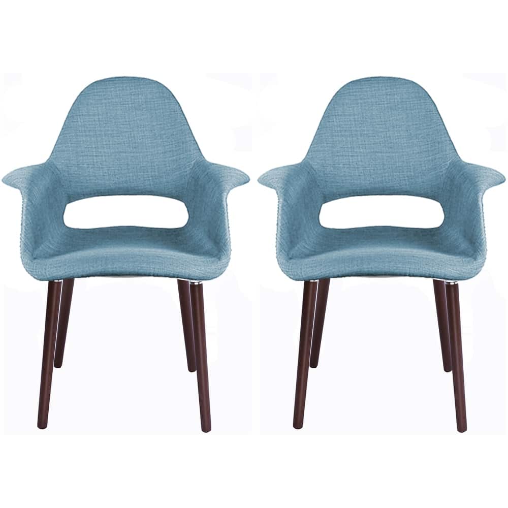 Set of 2 Organic Upholstered Fabric Modern Armchairs with Dark Walnut Brown Wooden Legs for Dining Room Office or Accent Chair