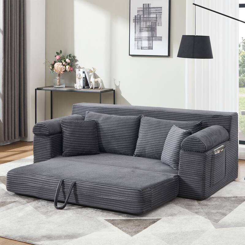 78" W Convertible Sleeper Sofa Bed Corduroy Loveseat with Pillows
