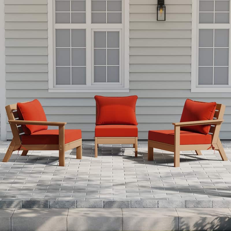Polytrends Birchwood All Weather HDPE Outdoor Patio Deep Seating Teak Sofa With Cushions (3-Piece) - Teak/Orange