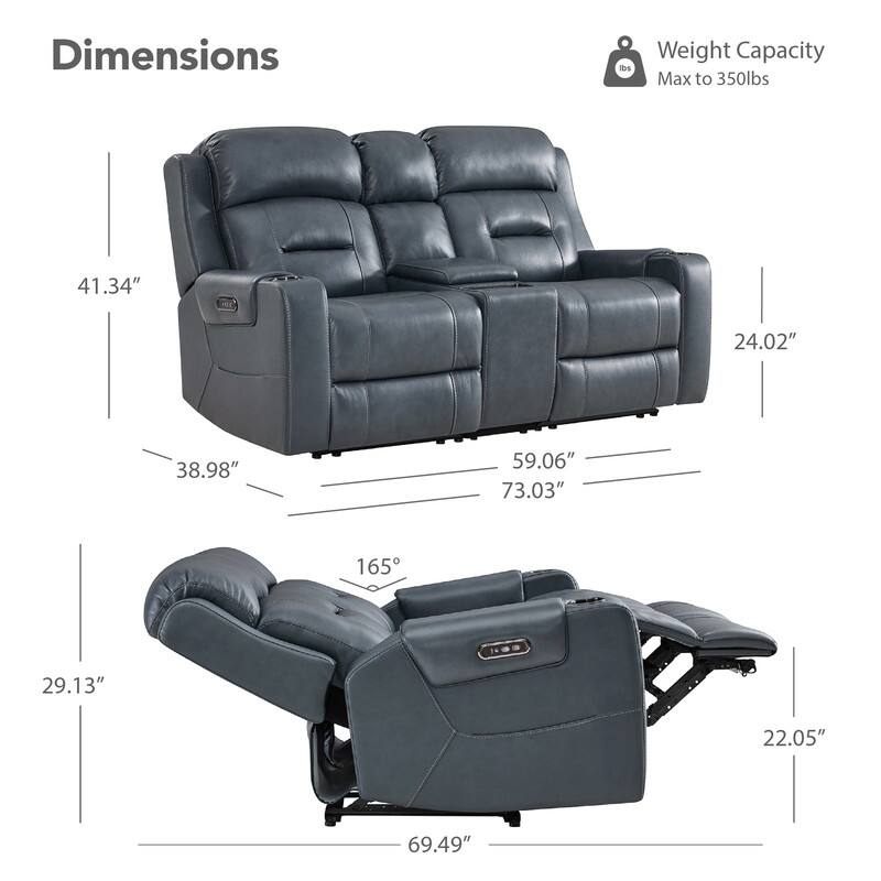 Spruce & Spring Genuine Leather Power Reclining Sofa with Wireless Charging