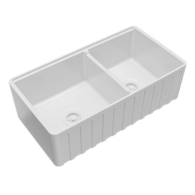 Karran 33" Double Bowl Workstation Fireclay Kitchen Sink with Reversible Fluted Apron Front