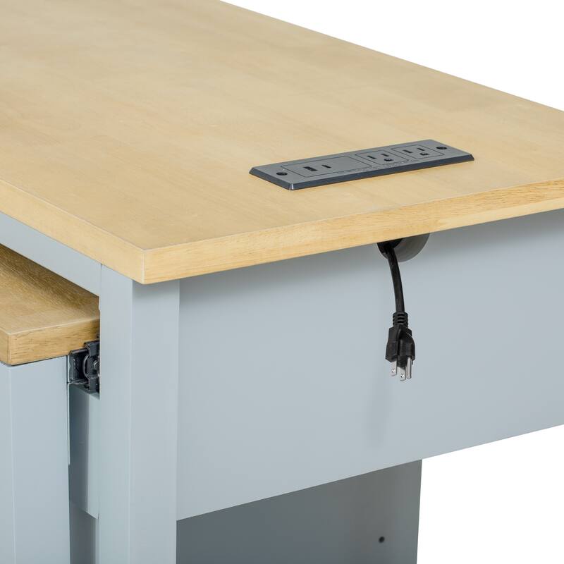 47" Kitchen Island with Extendable Table, Rubber Wood Veneer, Storage & Power