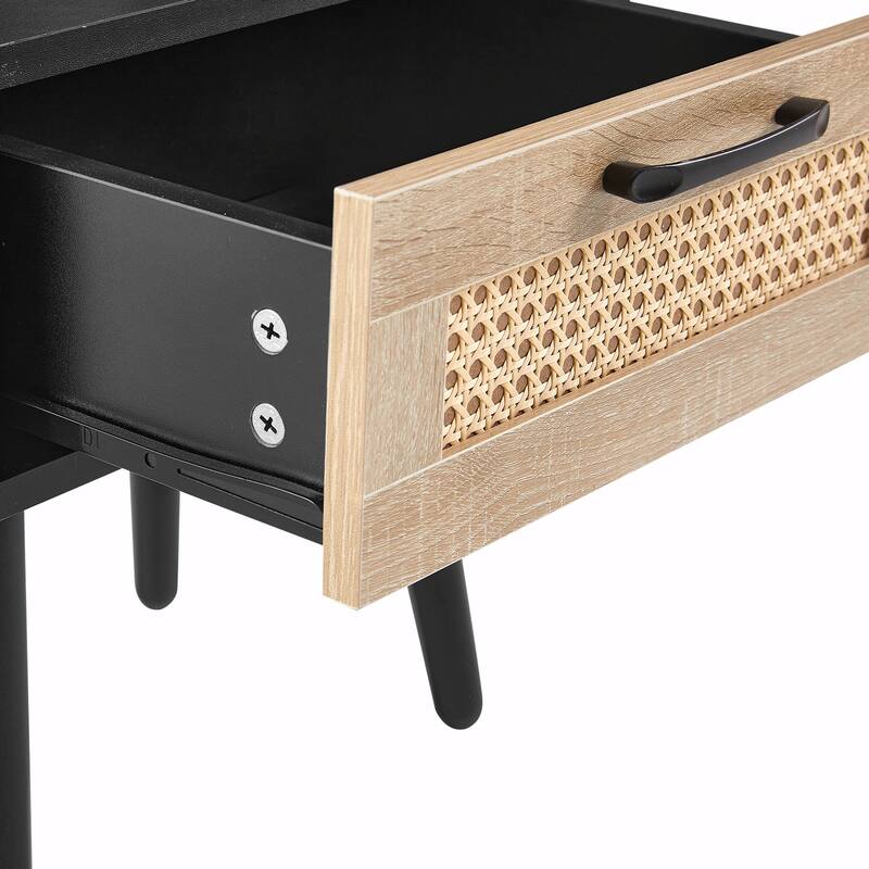 Rattan Nightstand with Drawer, Solid Wood Legs, 16"" Side Table