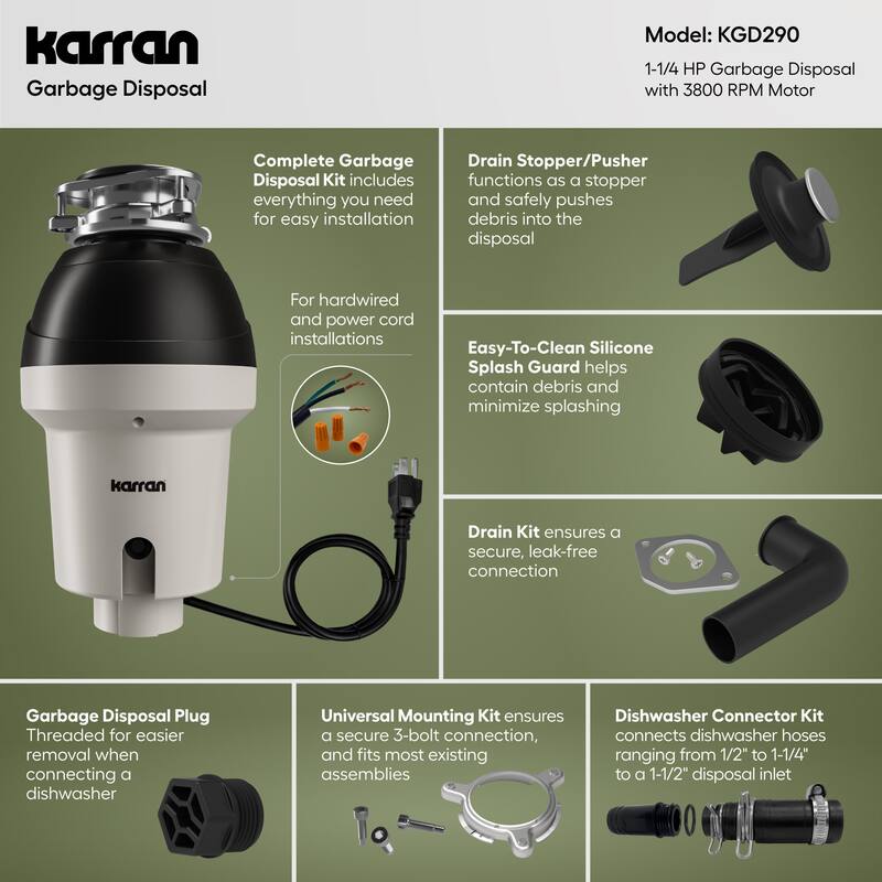 Karran USA KGD290 1-1/4 HP Continuous Garbage Disposal