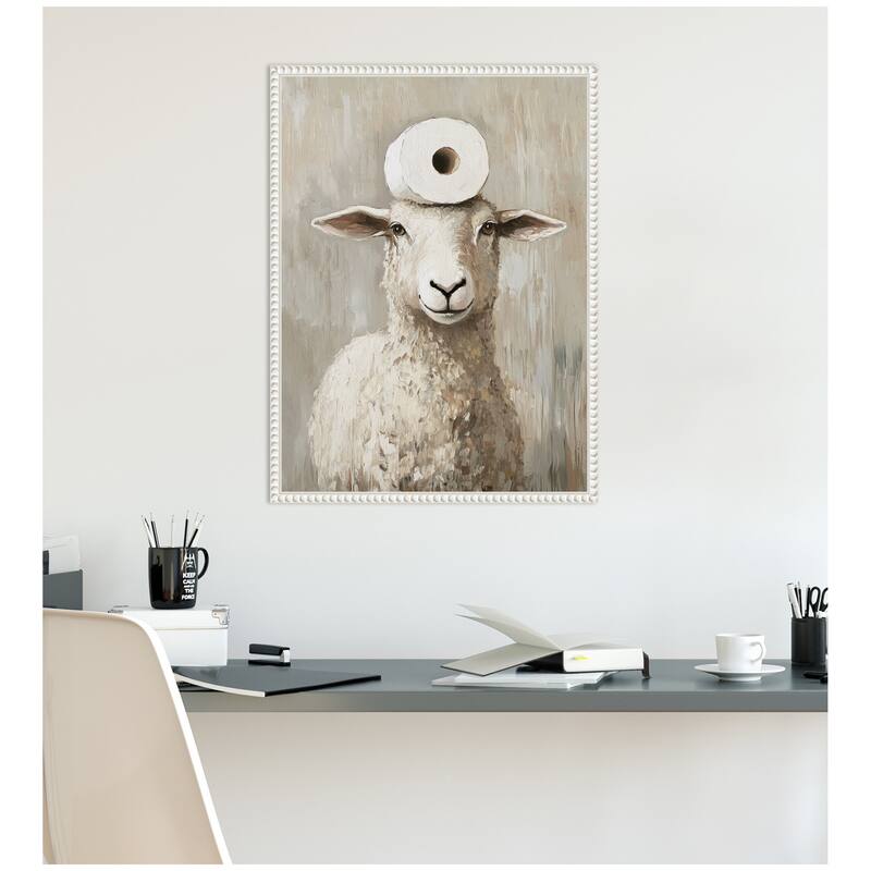 Kate and Laurel Sylvie Toilet Paper Roll on Cute Sheeps Head Bathroom Art Framed Canvas by The Creative Bunch Studio
