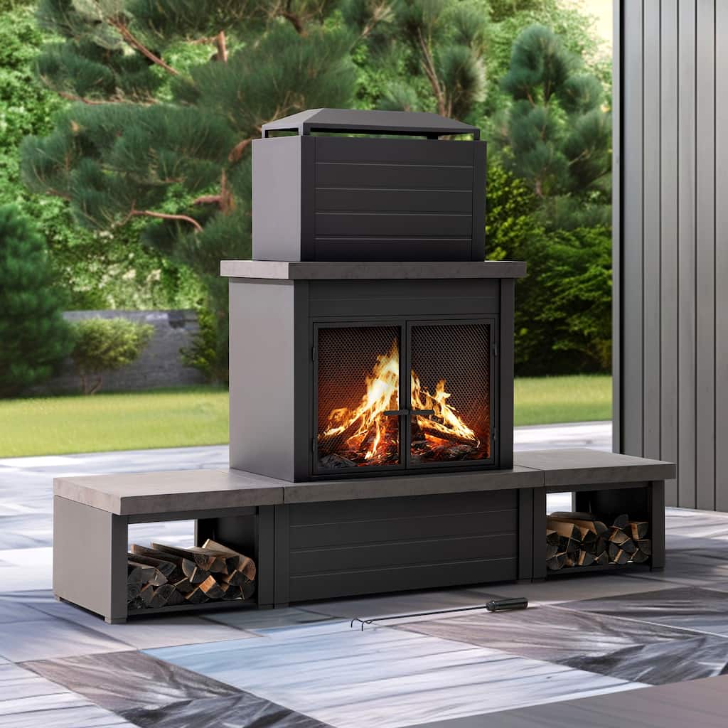 Sunjoy Outdoor Wood Burning with Chimney, Log Holders, Fireplace Tool, and PVC Cover - N/A
