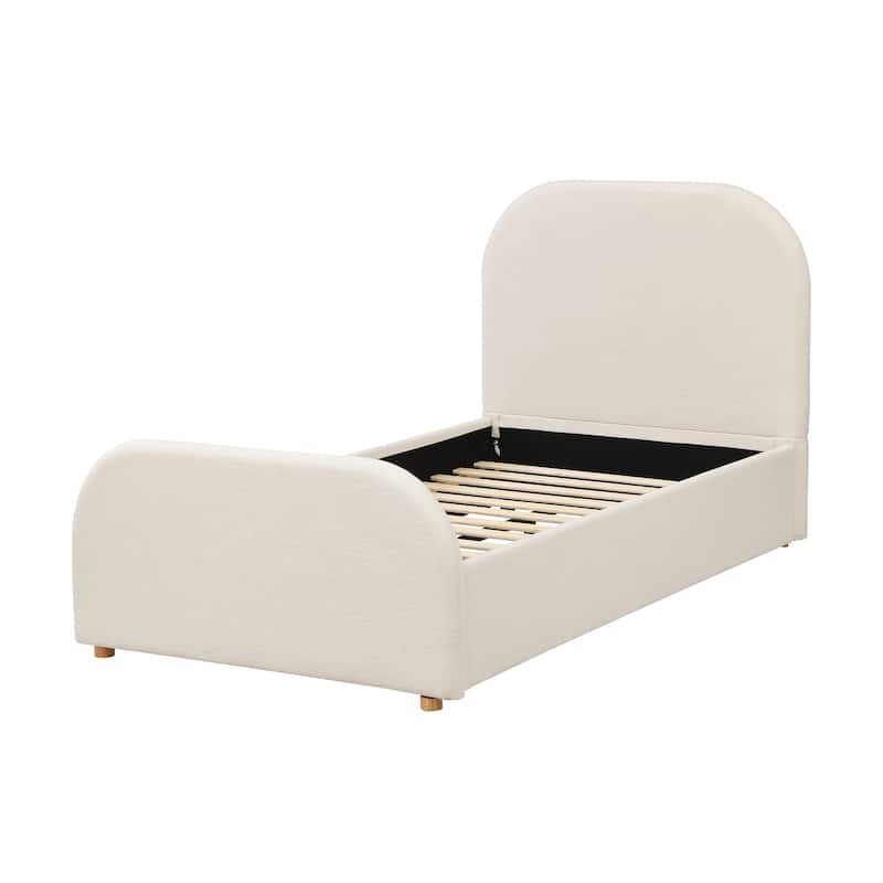 Beige Linen Upholstered Bed Curved Headboard Wingback Frame Low Profile Platform Bed