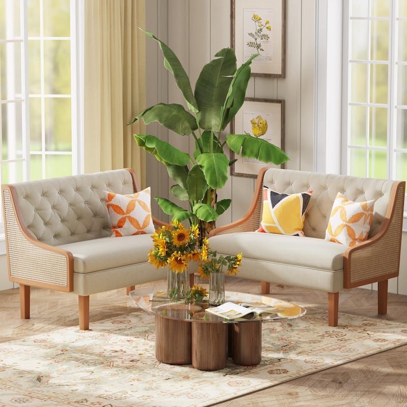 Andeworld Loveseat Settee Bench with Natural Rattan Arms, Upholstered Modern Mini Sofa Couch,Banquette Dining Bench Love Seat
