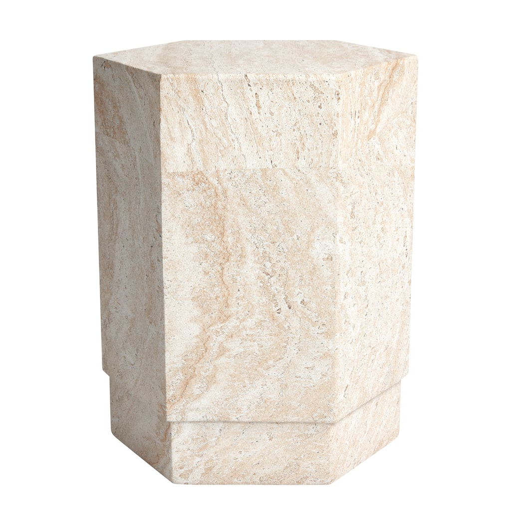 Hexagonal Travertine Stone Finish Italian Design MgO Side Accent Table - 14.6"x14.6"x18.1"