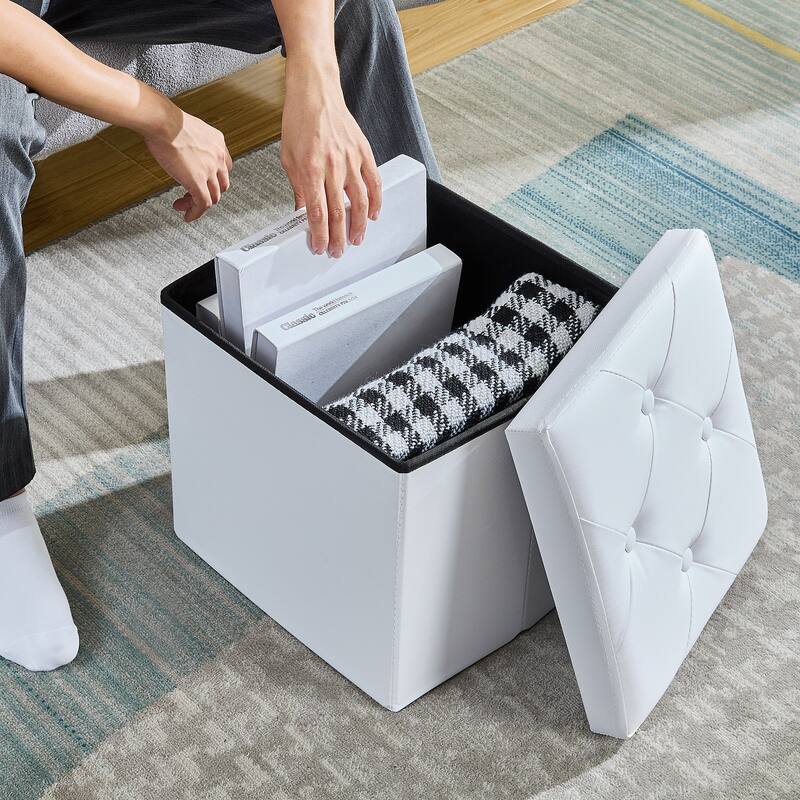 2 PC Storage Folding Ottoman, Storage Footrest Stool, Faux Leather Storage Bench Cube with Padded Seat for Small Space