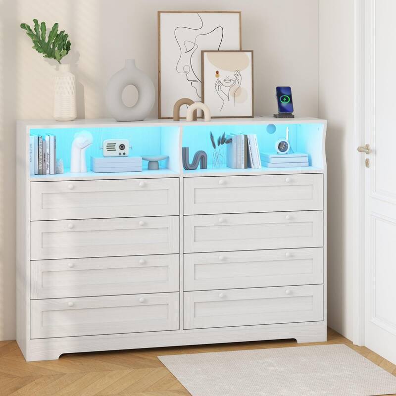 8 Drawers Wooden Dressers for Bedroom Living Room, Hallway, Wood Dressers with Led Lights and Charging Station