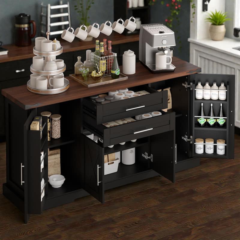 63 Inch Farmhouse Barn Door Buffet Cabinet with Drawers, Coffee Bar Storage Console with Adjustable Shelves