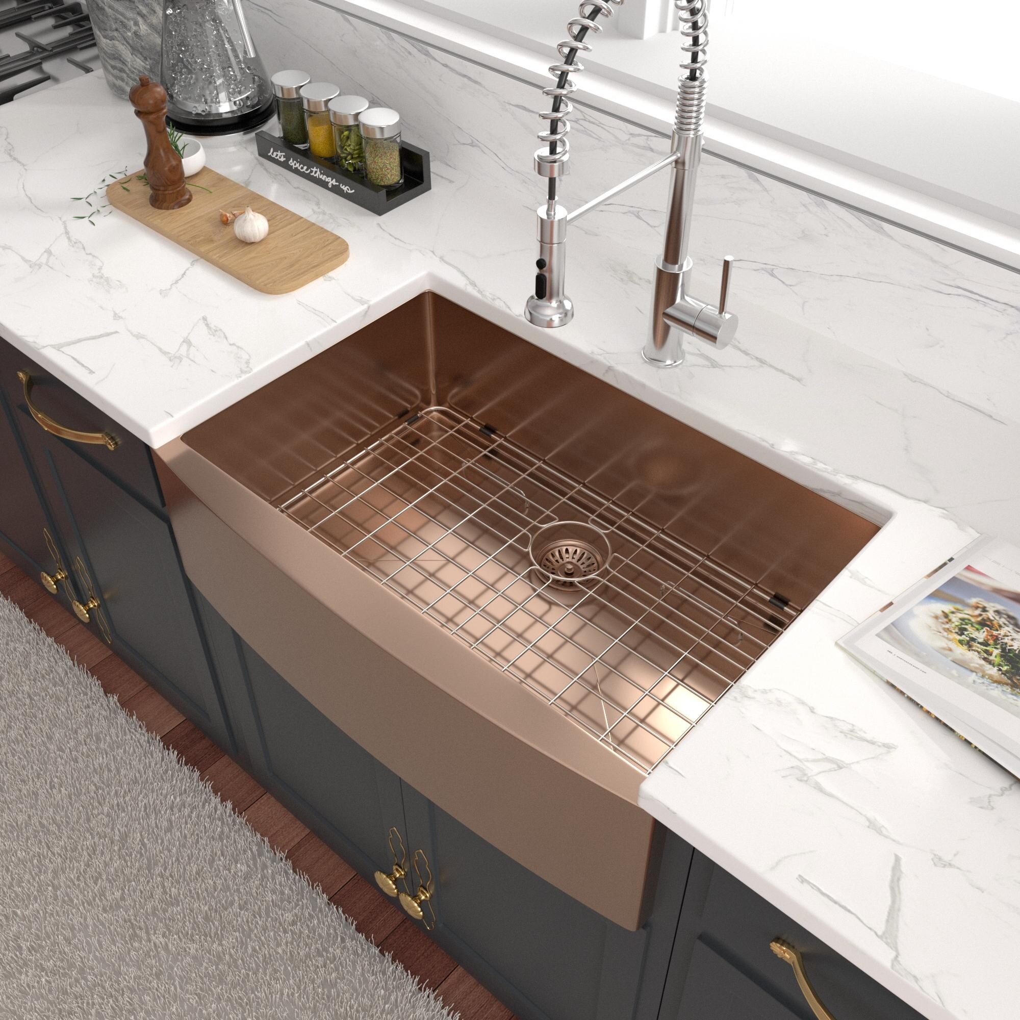 Lordear 33/36 Inch Farmhouse Kitchen Sink Apron-Front Rose Gold Stainless Steel Deep Single Bowl Kitchen Farm Sink