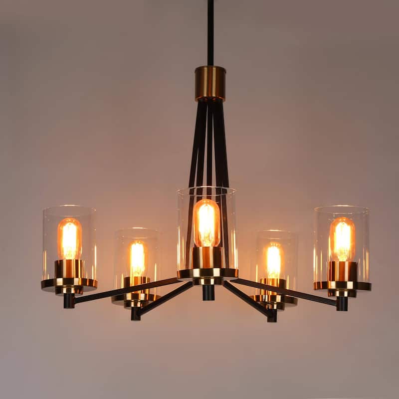 Modern Contemporary 5-Light Black Gold Wheel Chandelier Glass Pendant Light for Dining Room - 25 " D