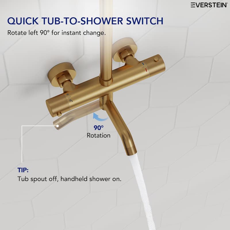Height Adjustable Thermostatic Shower System with Tub Spout, 10" Rain Shower Head, Hand Shower, Brass Valve