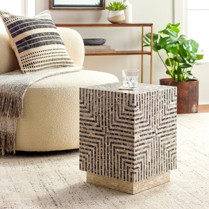 Akane Shell Geometric End Table - 19"H x 14"W x 14"D - Black/Ivory - Slate
